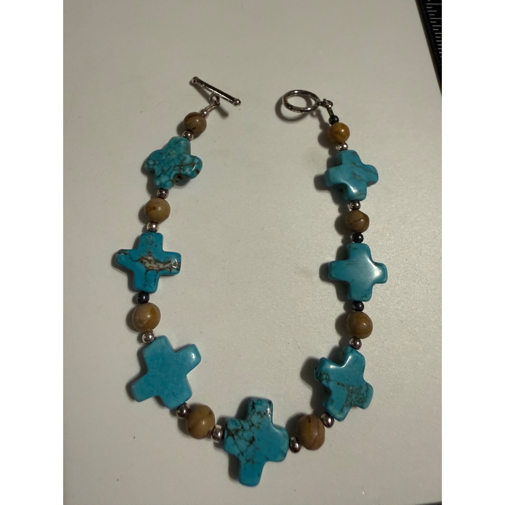 Turquoise Stone Cross Beaded Bracelet Silver Tone Toggle Clasp Southwestern Boho